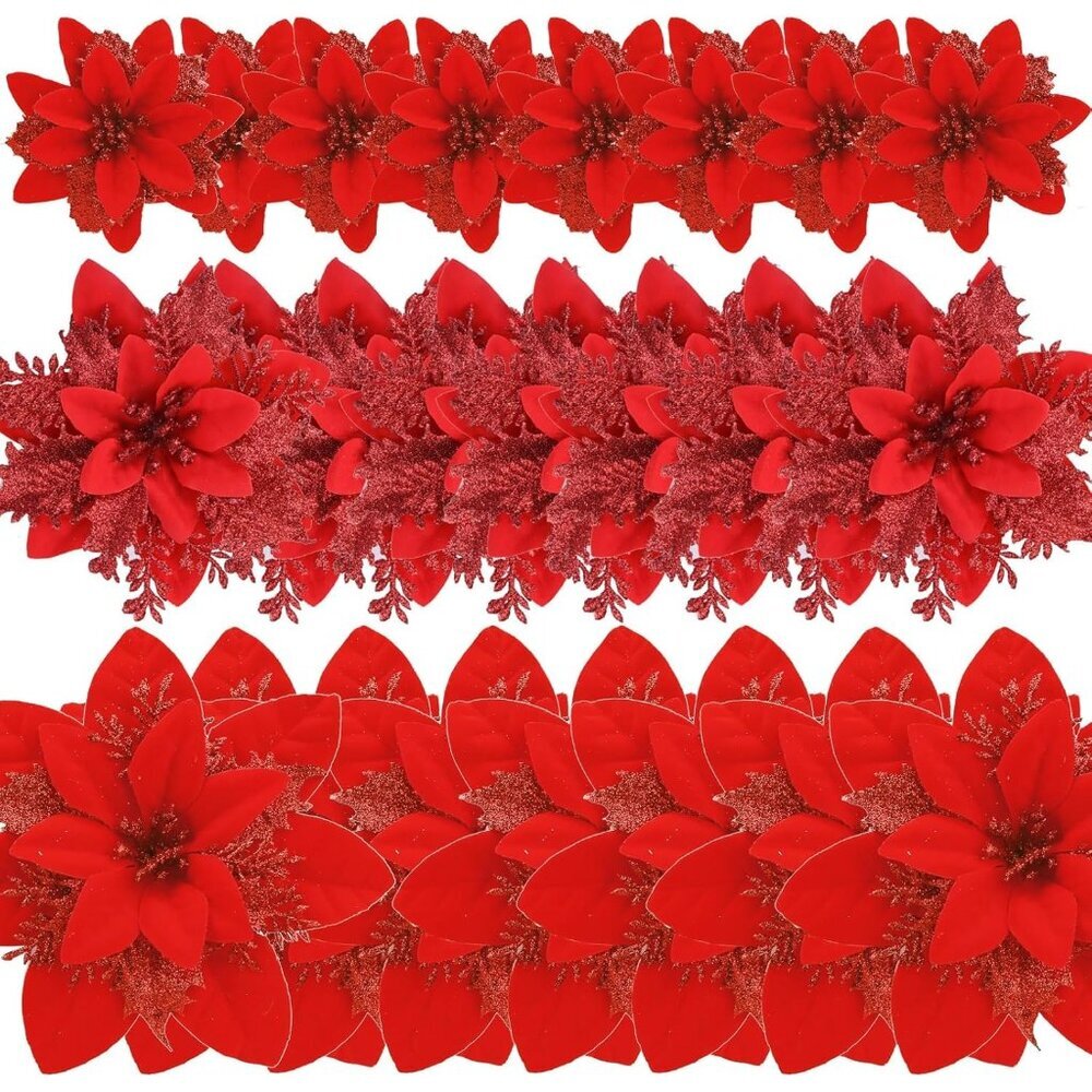 24 Pcs Glitter Poinsettia Red Artificial Flowers Christmas with Clips Stems Xmas